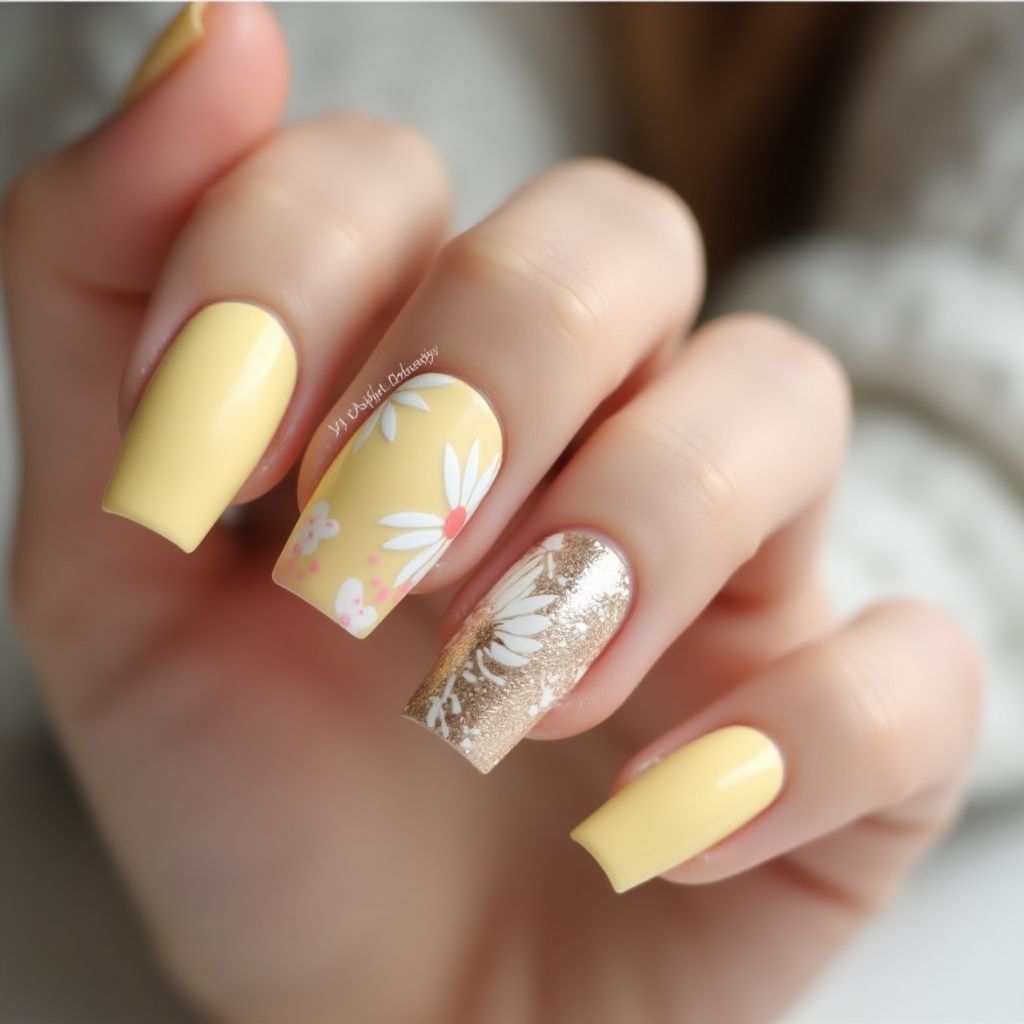 Pastel Yellow Square Nail Design