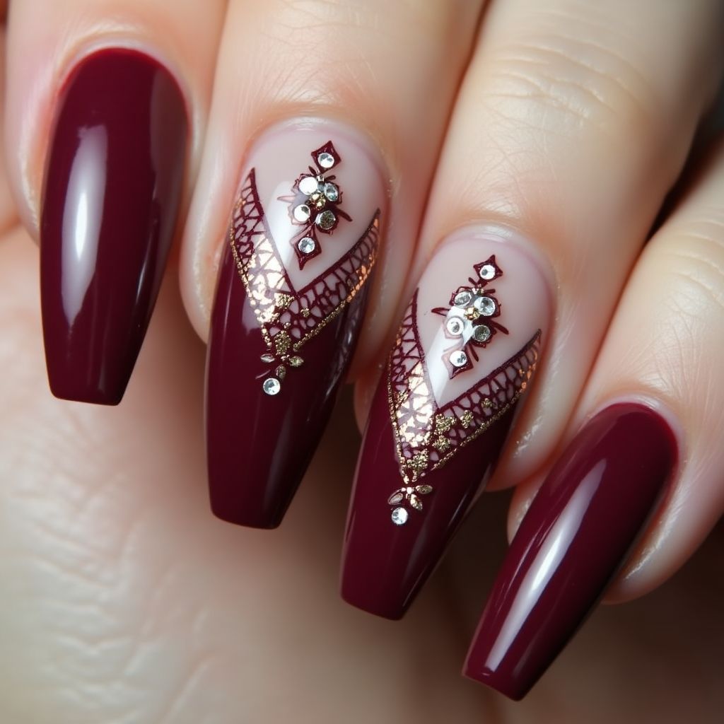 Burgundy Coffin Nail Design
