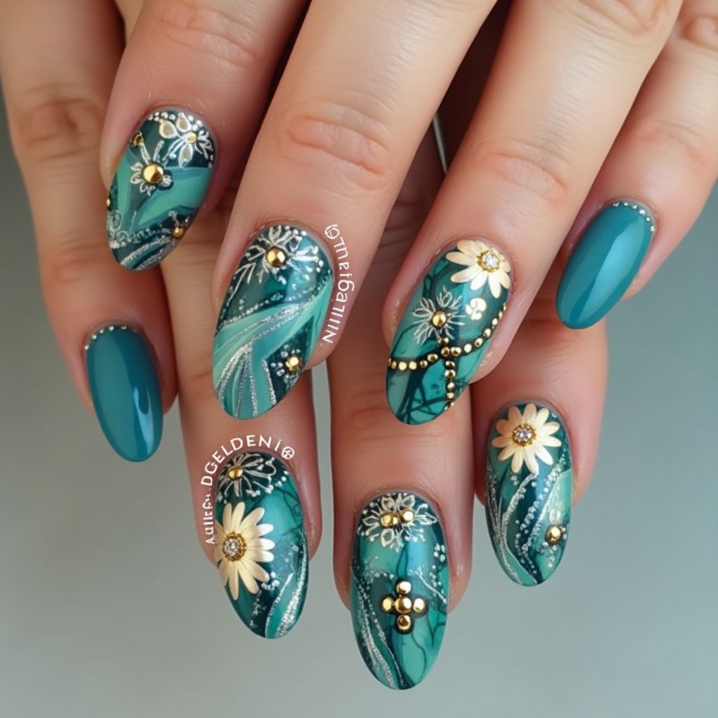 Teal Almond Nail Design
