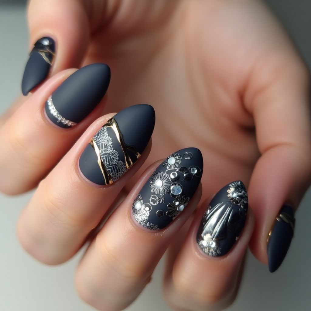 Charcoal Gray Almond Nail Design