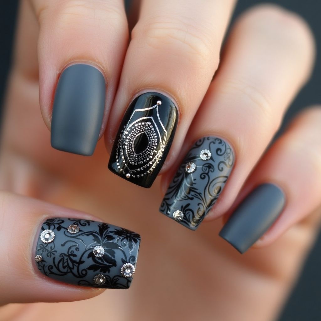 Charcoal gray Square Nail Design