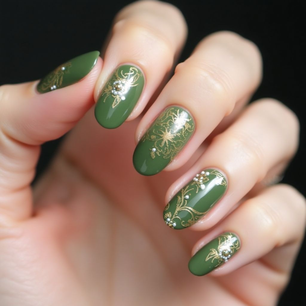 Olive Green Round Nail Design