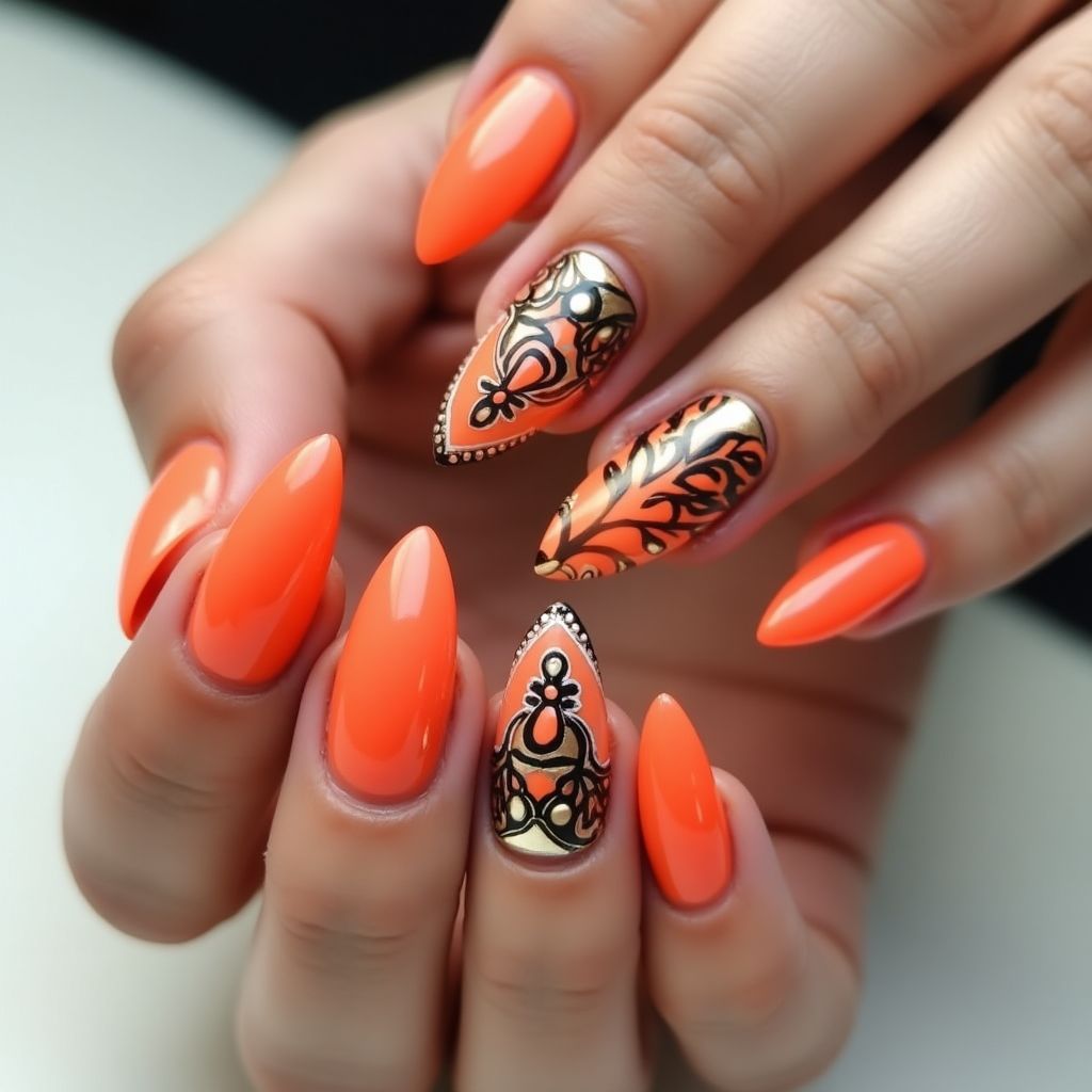 Orange Stiletto Nail Design