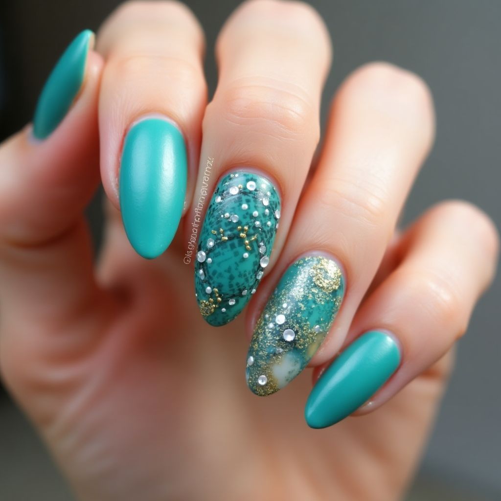 Teal Almond Nail Design