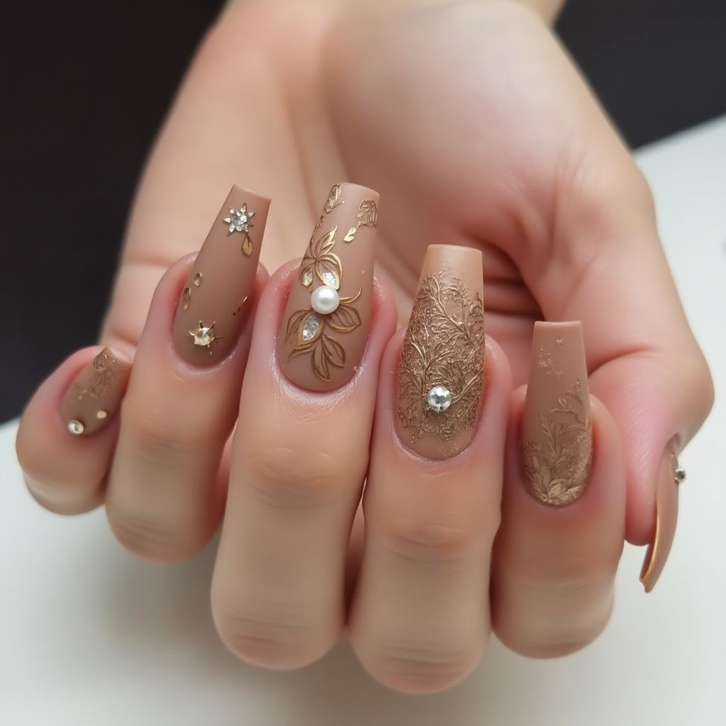 Tan Coffin Nail Design