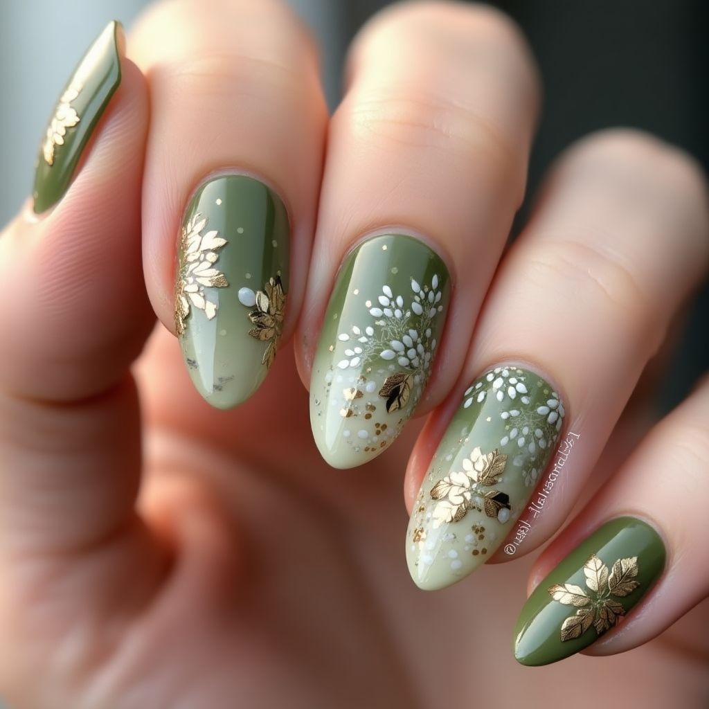 Olive green Almond Nail Design