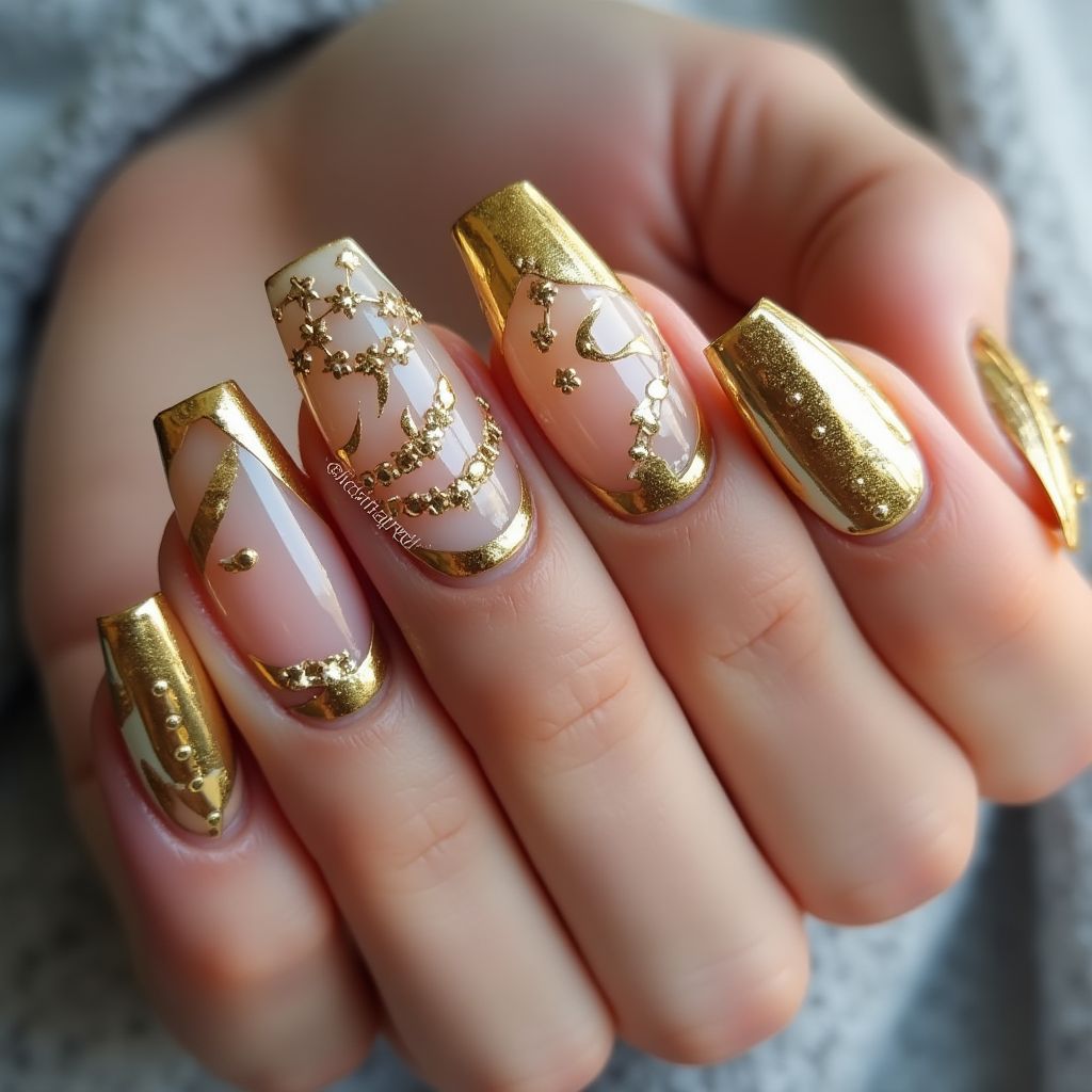 Gold Coffin Nail Design
