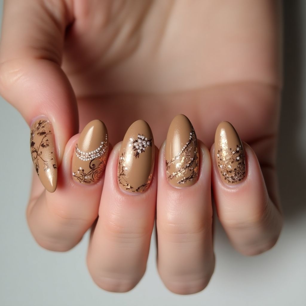 Tan Almond Nail Design
