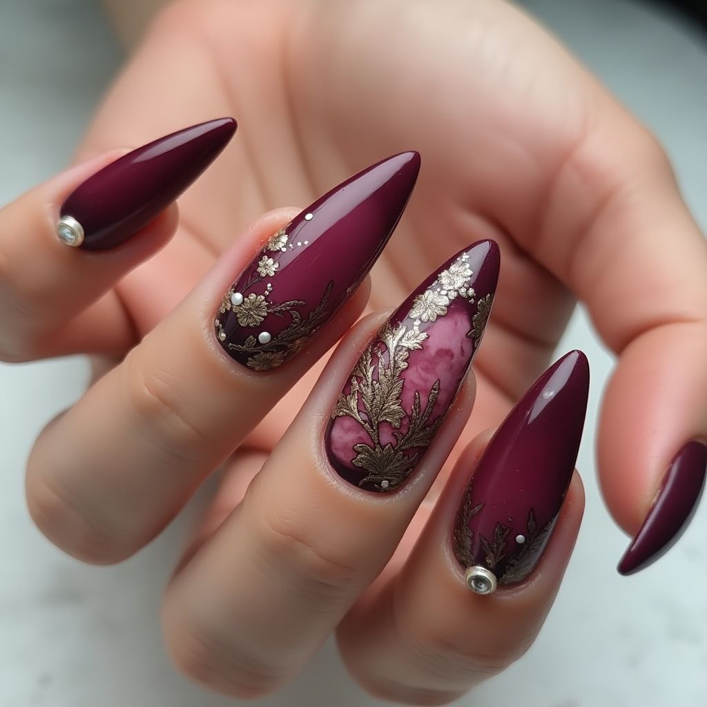 Wine Stiletto Nail Design