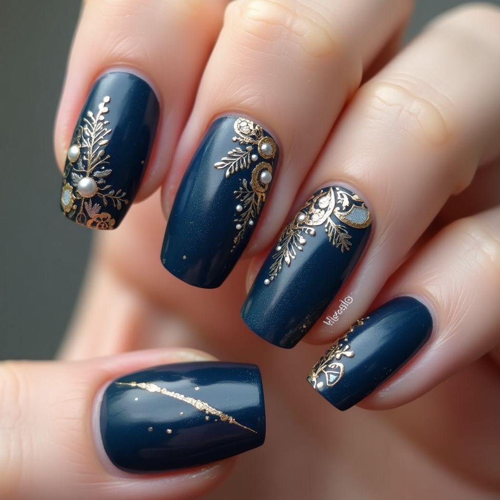 Navy Blue Coffin Nail Design
