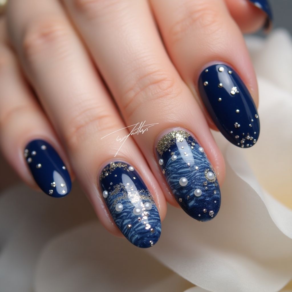 Navy Blue Round Nail Design