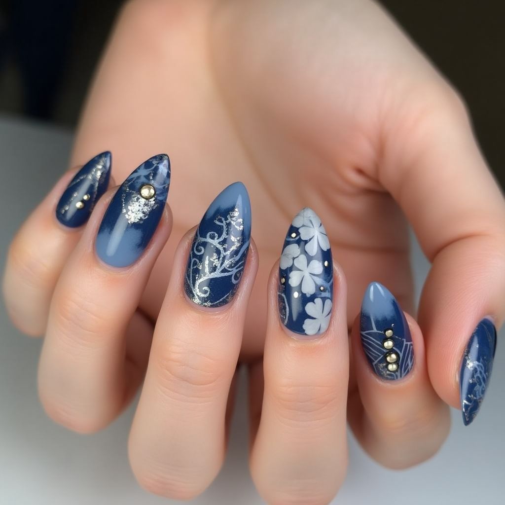 Navy Blue Almond Nail Design