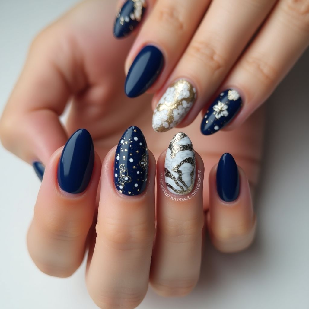 Navy Blue Almond Nail Design