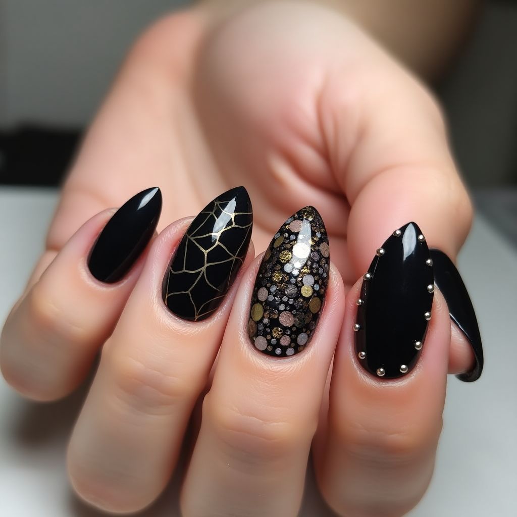 Black Almond Nail Design