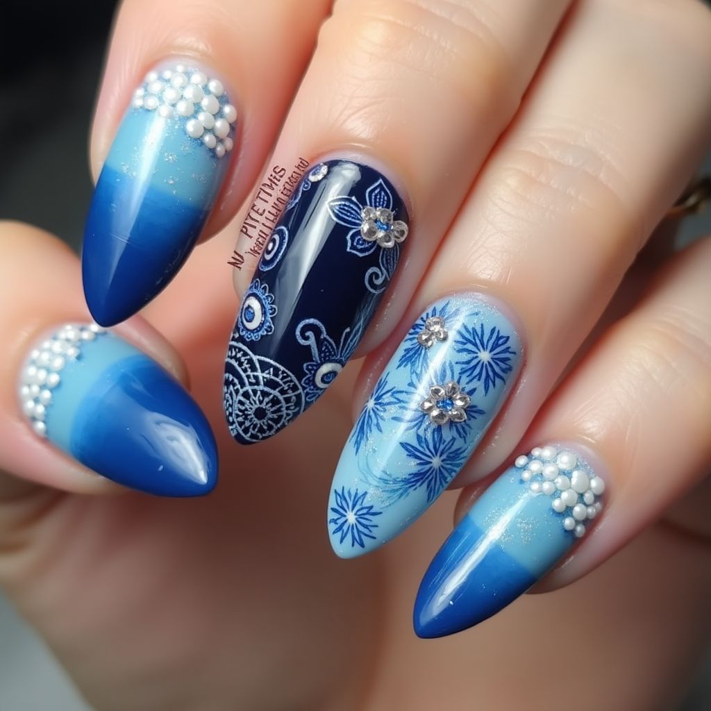 Blue Almond Nail Design