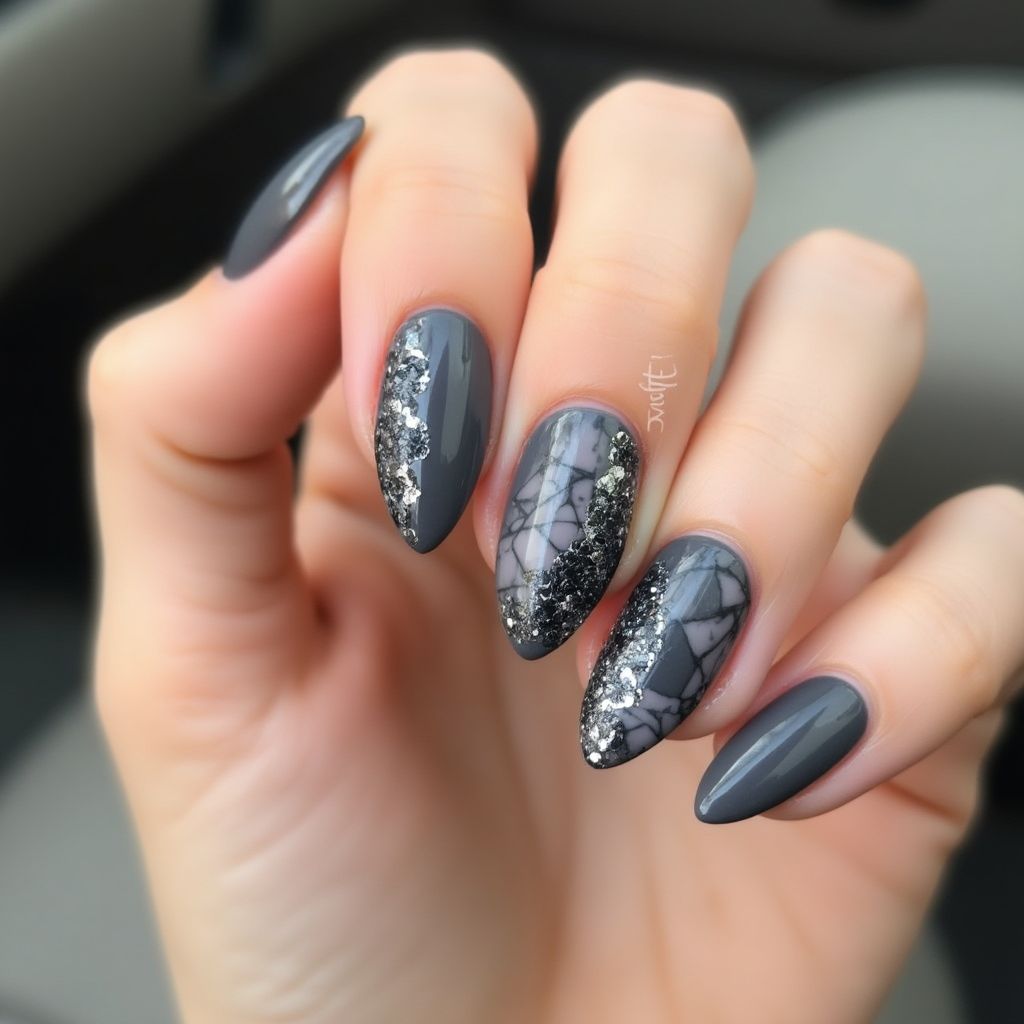 Charcoal Gray Almond Nail Design