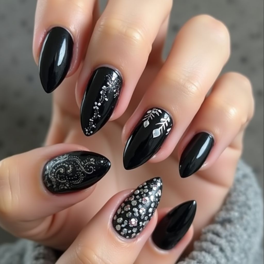 Black Almond Nail Design
