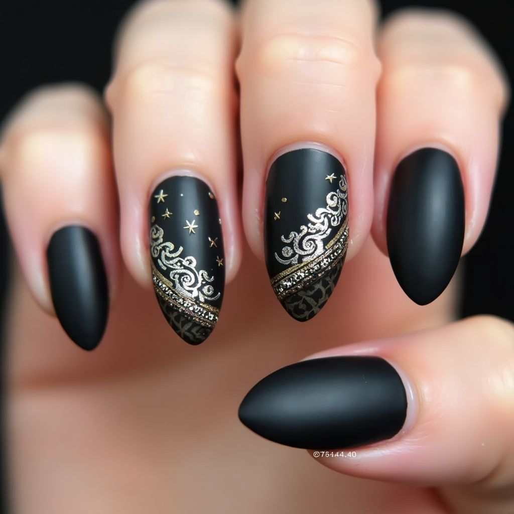 Black Almond Nail Design