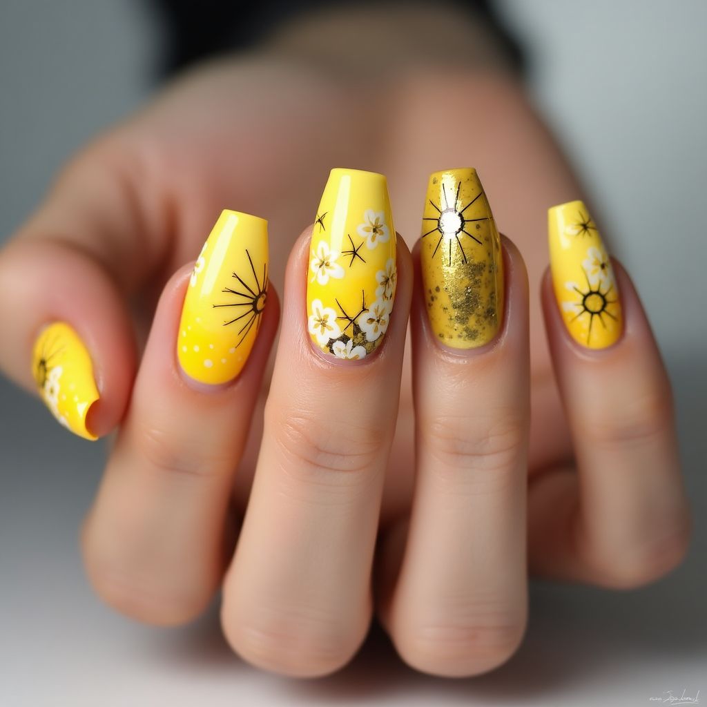 Yellow Coffin Nail Design