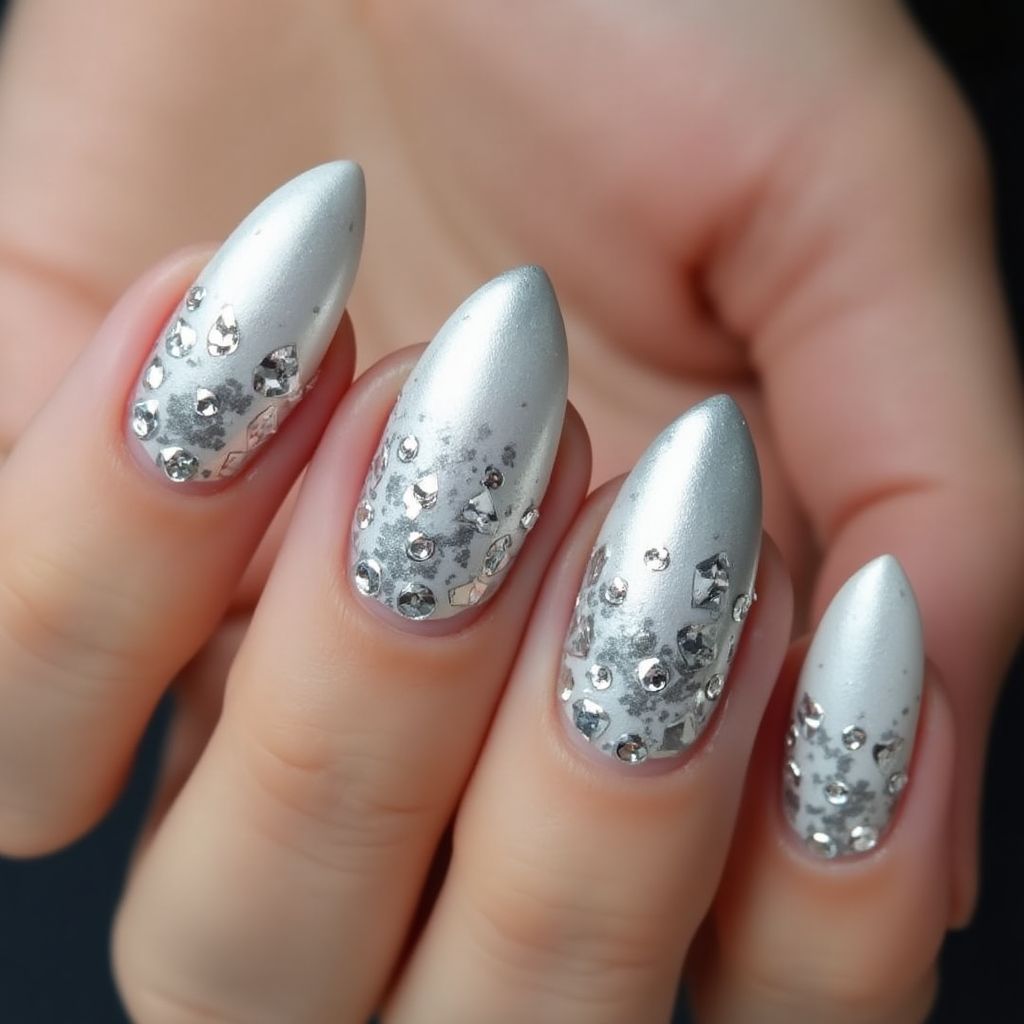 Silver Almond Nail Design