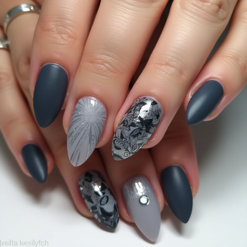 Charcoal Gray Almond Nail Design