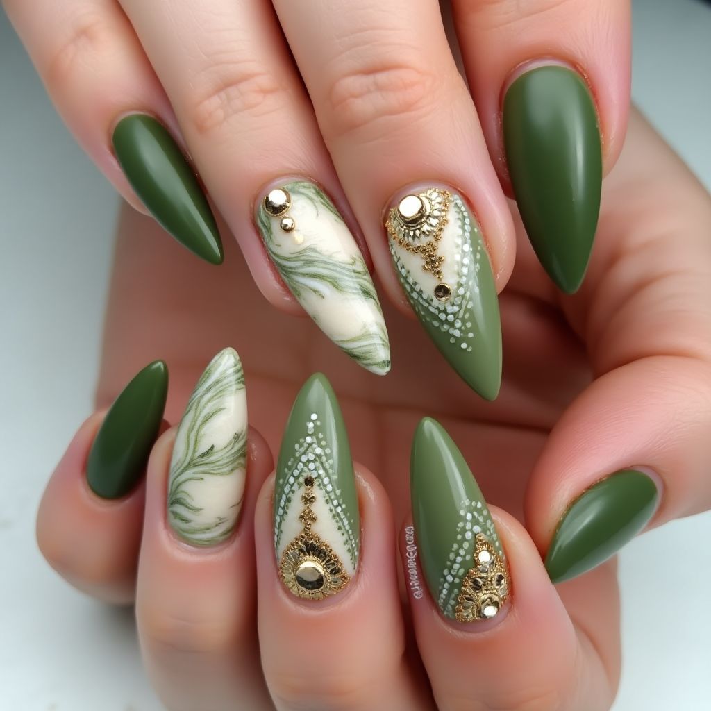Olive Green Stiletto Nail Design