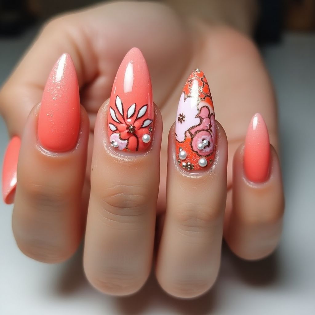 Coral Stiletto Nail Design