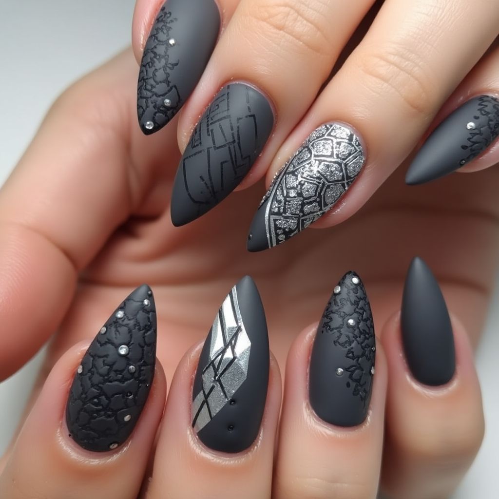Charcoal Gray Stiletto Nail Design