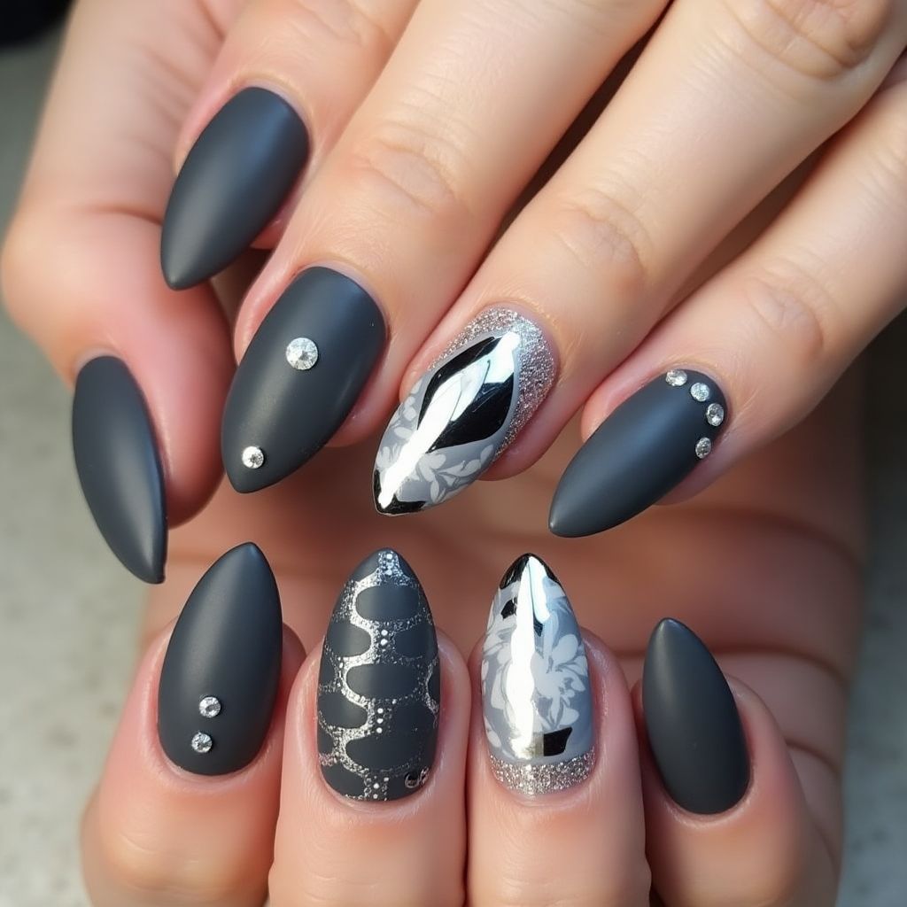Charcoal gray Almond Nail Design
