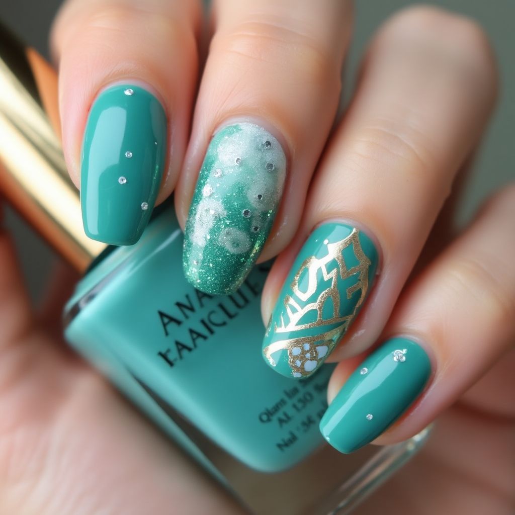 Teal Coffin Nail Design