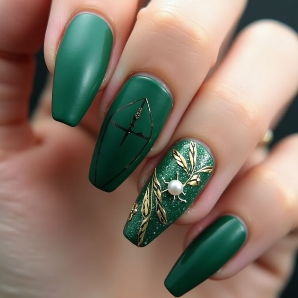 Emerald Green Coffin Nail Design
