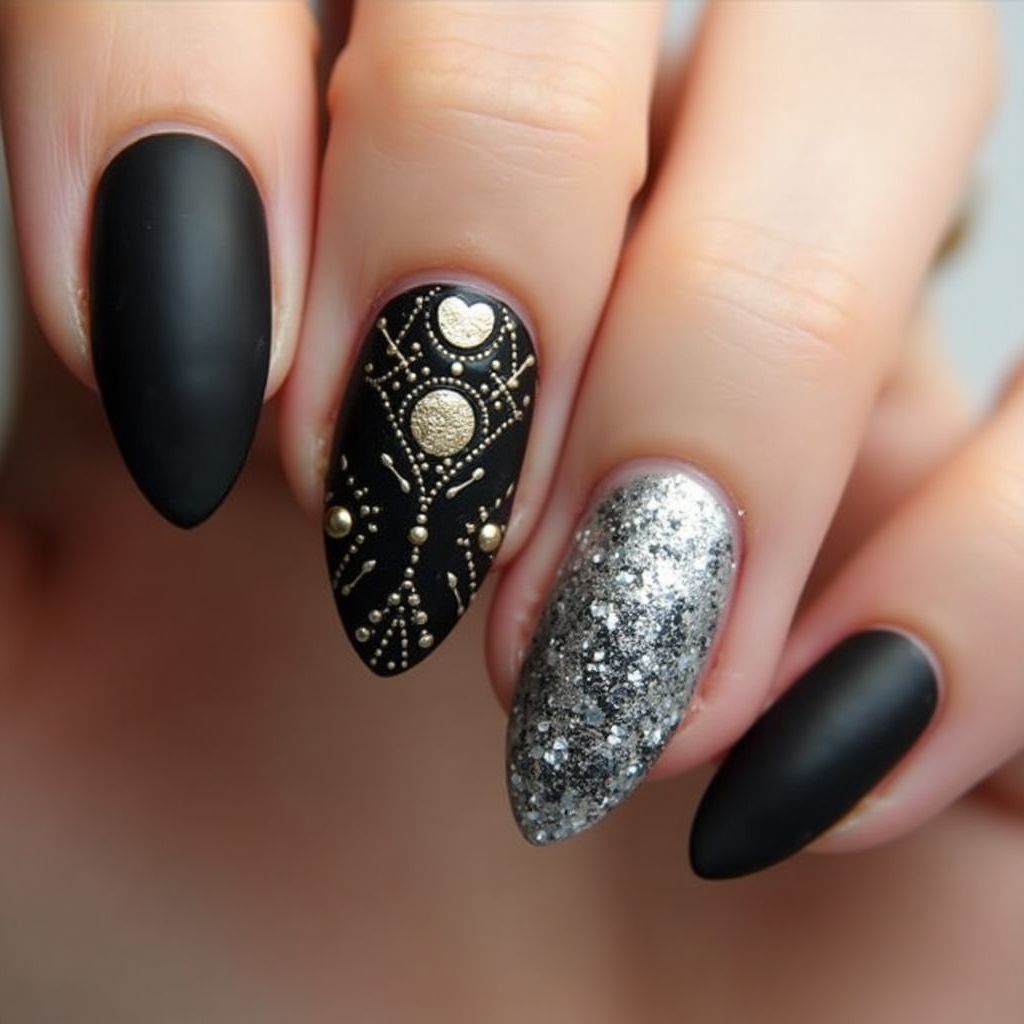 Black Almond Nail Design