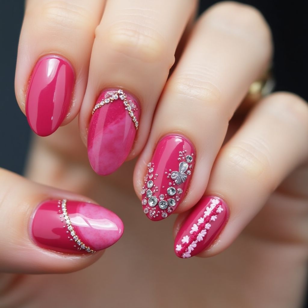 Hot Pink Almond Nail Design