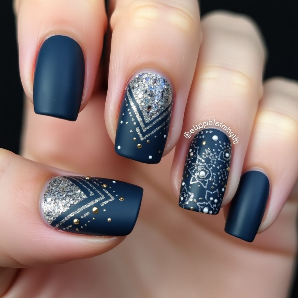 Navy Blue Coffin Nail Design