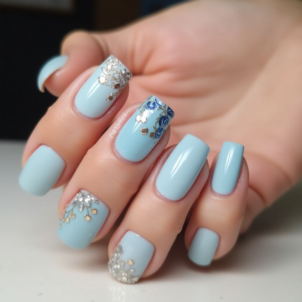 Pastel Blue Square Nail Design