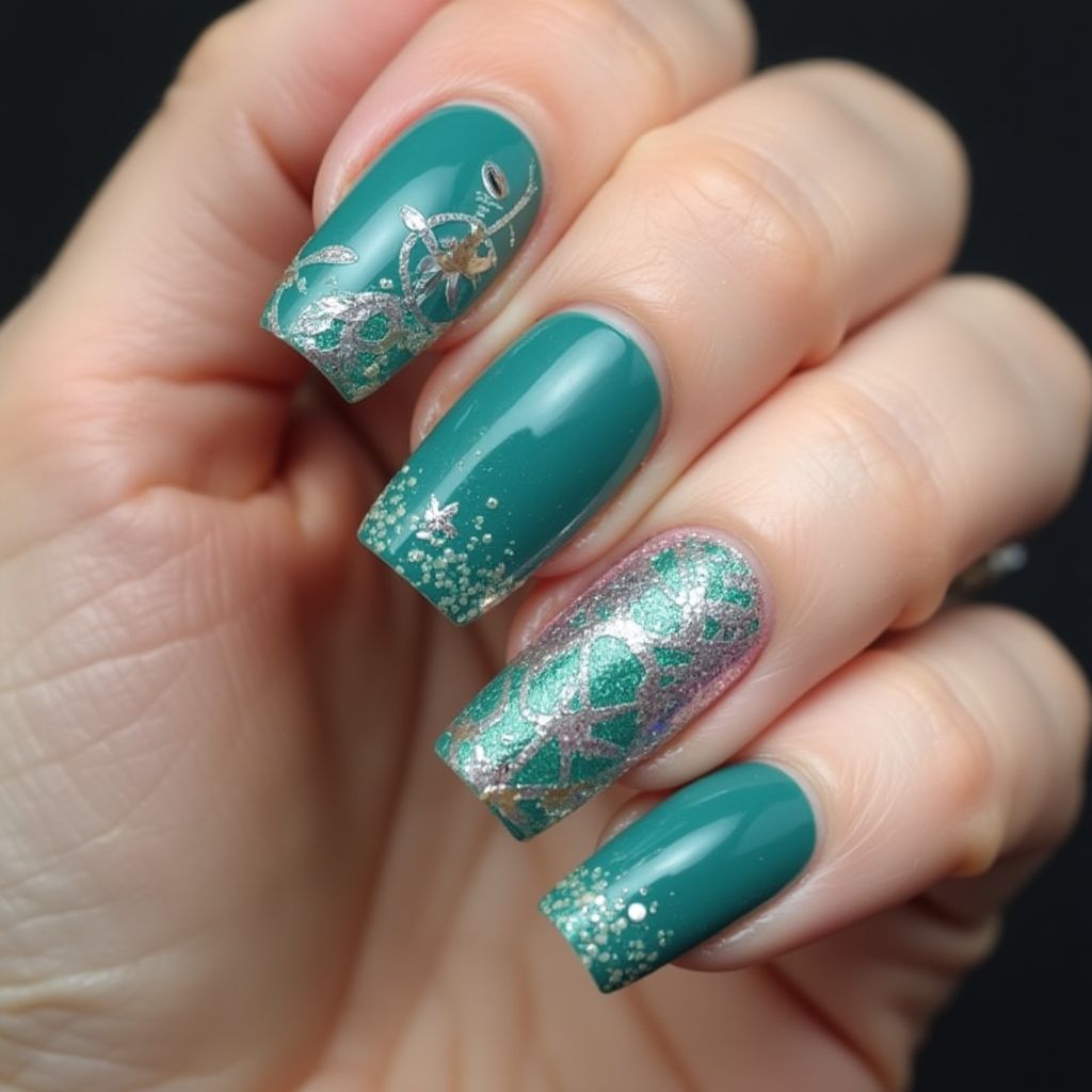 Teal Coffin Nail Design