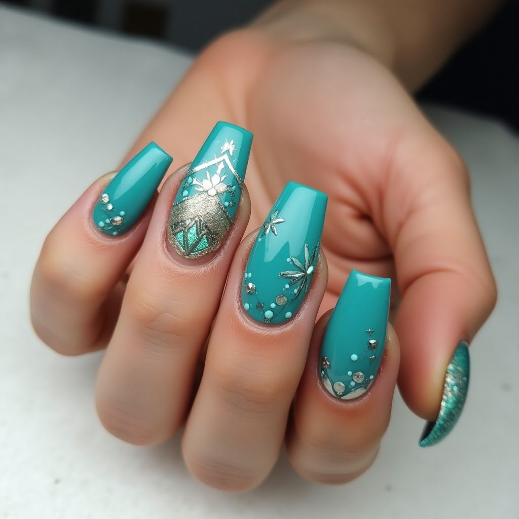 Teal Coffin Nail Design