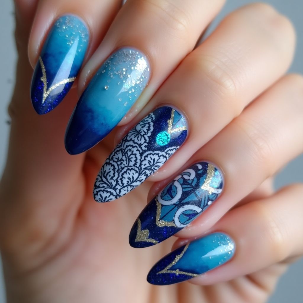 Blue Almond Nail Design