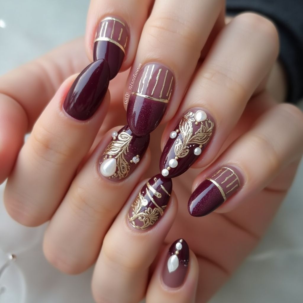 Wine Almond Nail Design