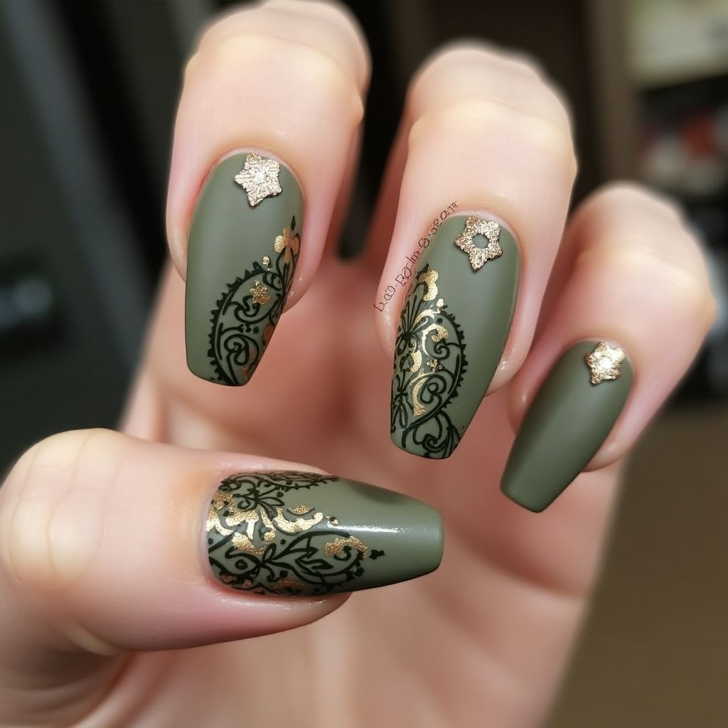 Olive Green Coffin Nail Design
