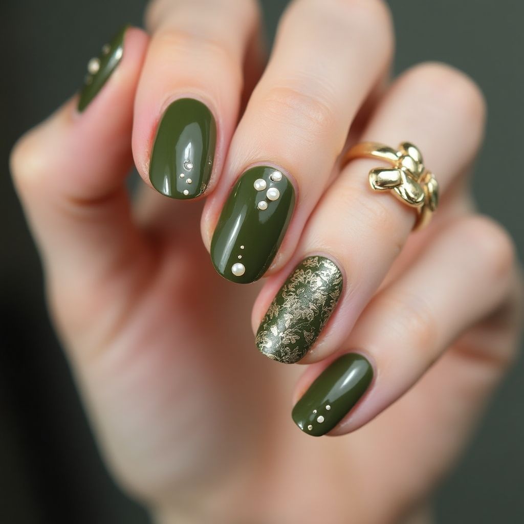 Olive Green Round Nail Design