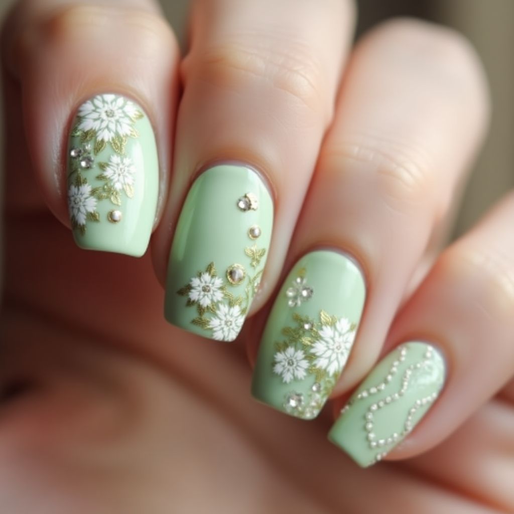Pastel Green Round Nail Design