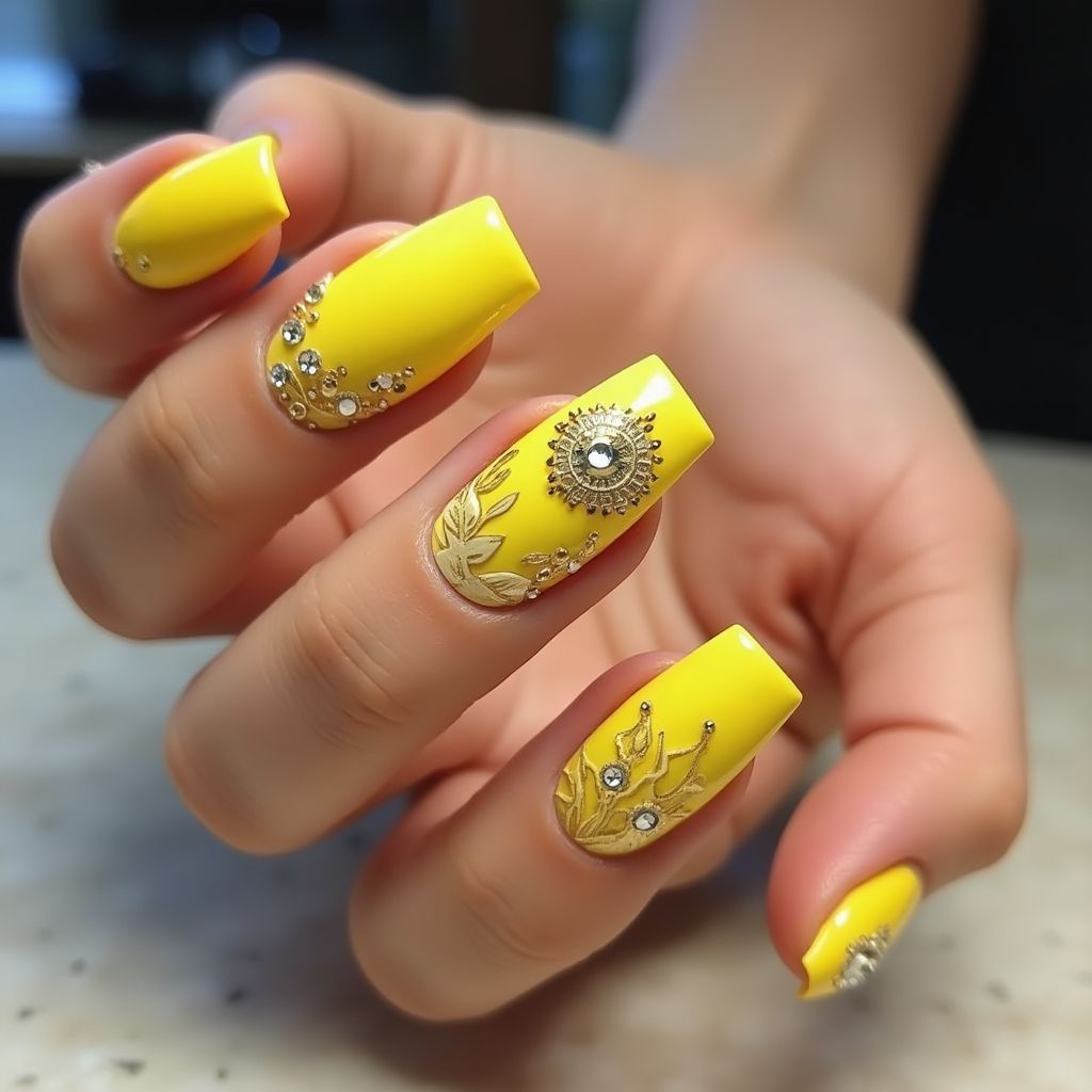 Yellow Coffin Nail Design