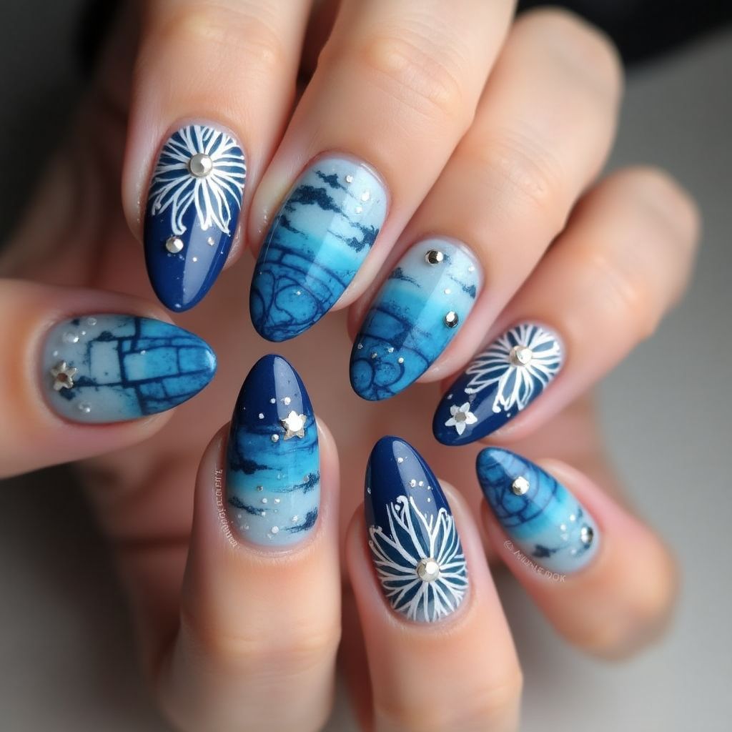 Blue Almond Nail Design