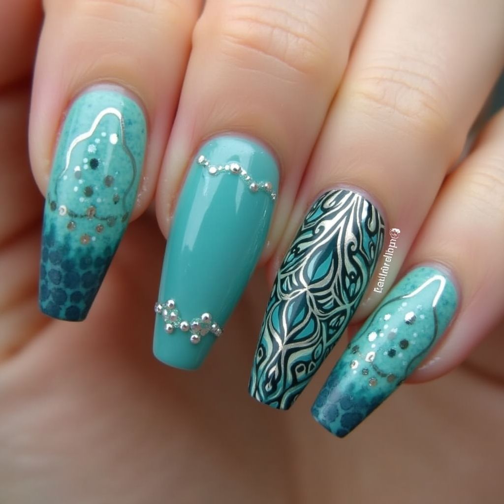 Teal Coffin Nail Design