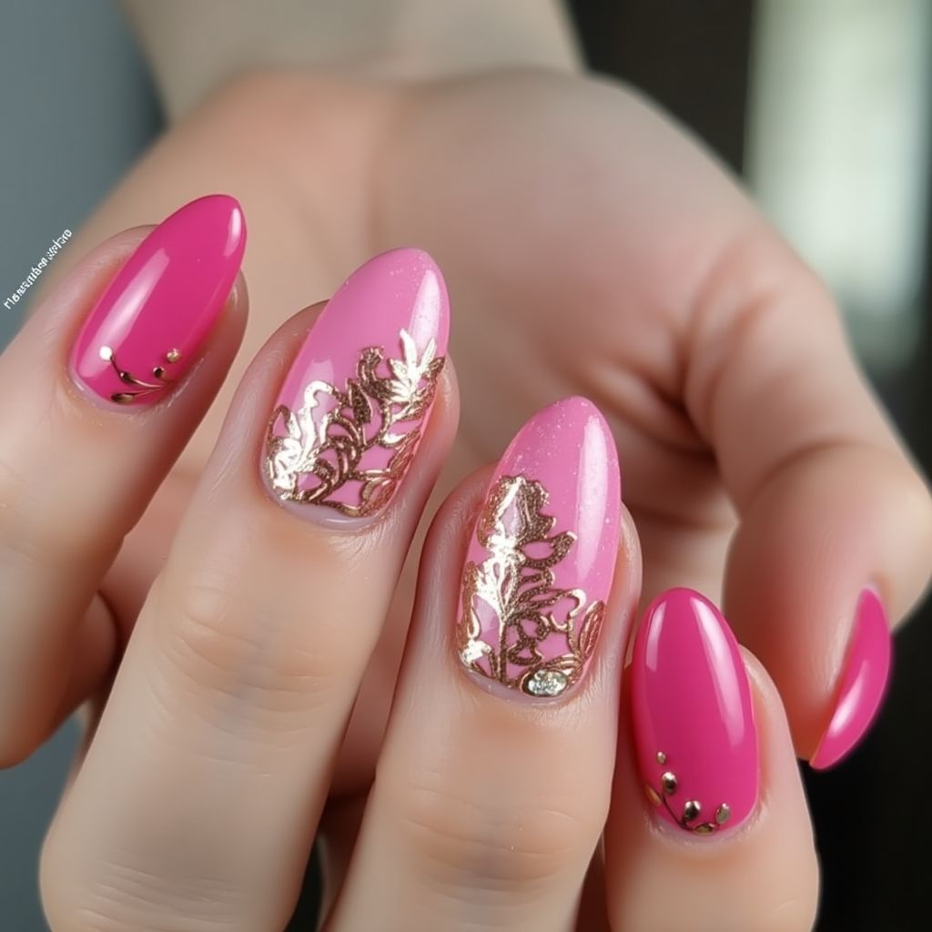 Hot Pink Almond Nail Design