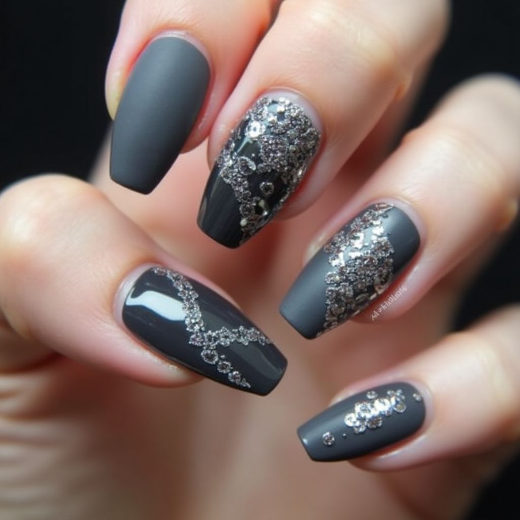 Charcoal Gray Coffin Nail Design