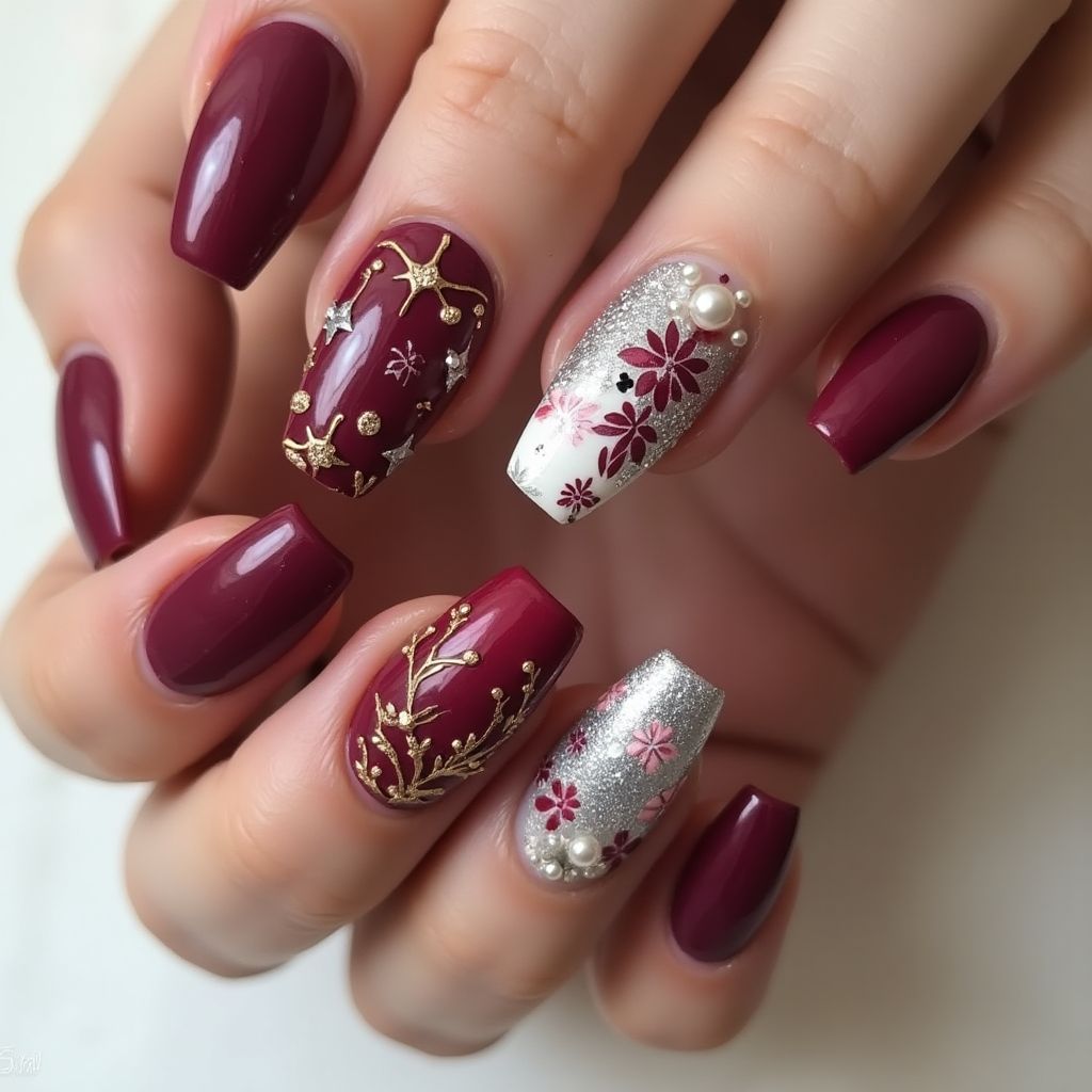 Burgundy Coffin Nail Design
