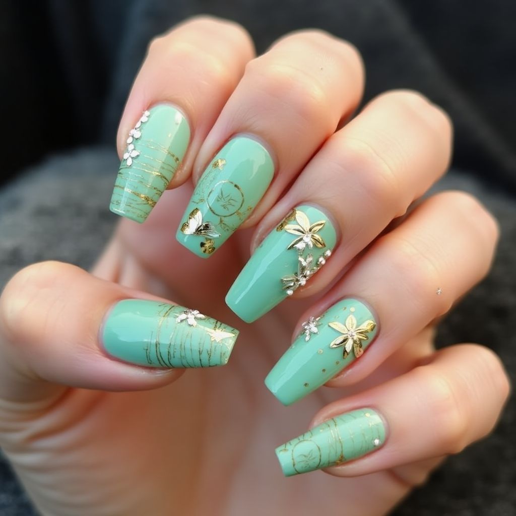 Mint Green Coffin Nail Design