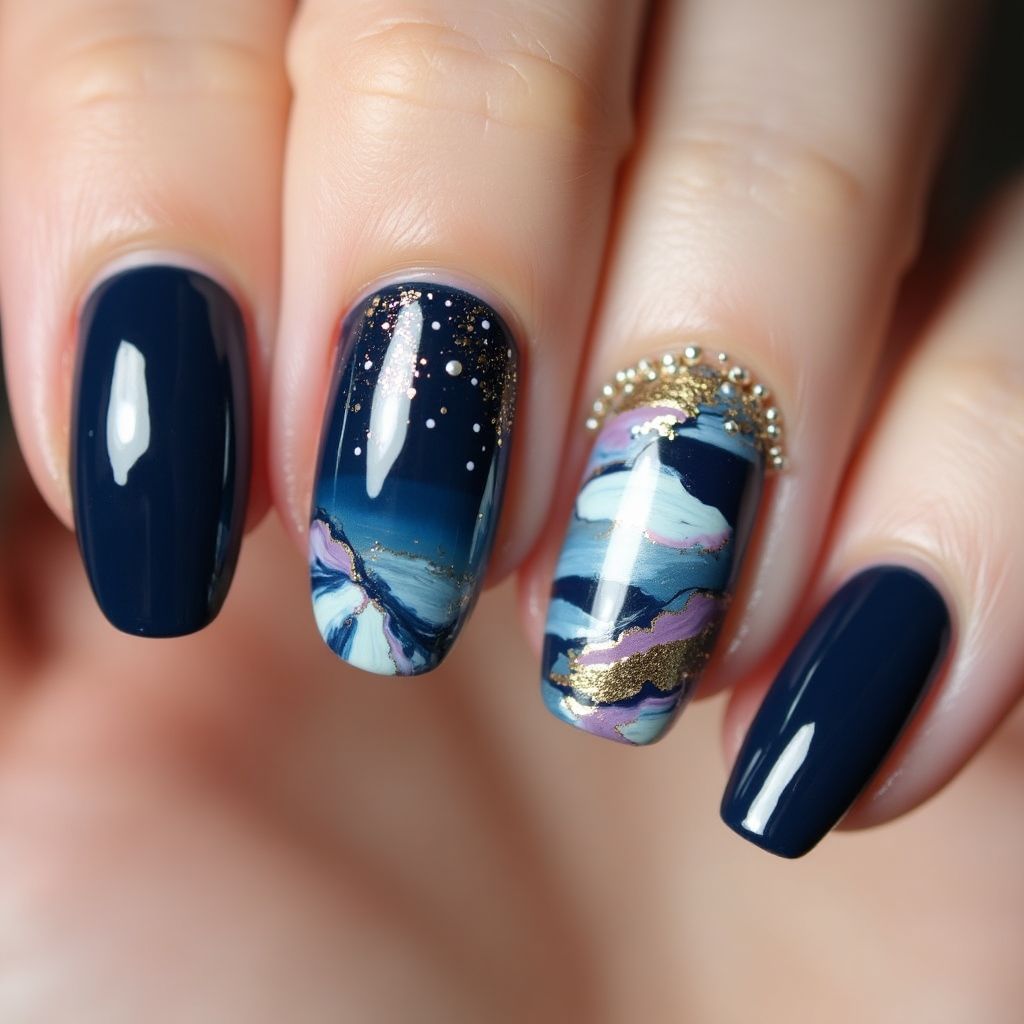 Navy Blue Round Nail Design